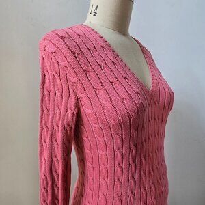 Vintage Y2K Polo Ralph Lauren Sport Pink Cable Knit V-Neck Cotton Sweater Size L